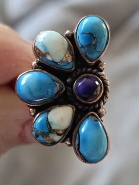 Blue Orange Half Moon Cluster  Turquoise Ring In Copper, Southwestern